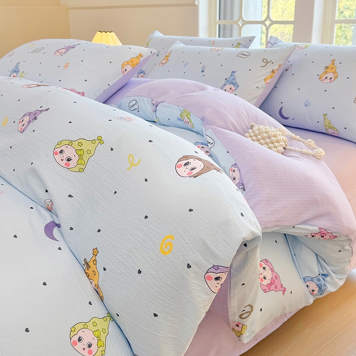 91家纺网 家纺一手货源 找家纺 悠米悠家 2026新款亲肤舒适木棉双层纱印花四件套 星梦精灵仔