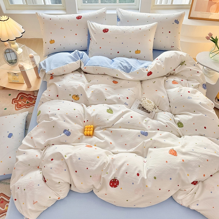 91家纺网 家纺一手货源 找家纺 悠米悠家 2026新款亲肤舒适木棉双层纱印花四件套 南瓜田园记