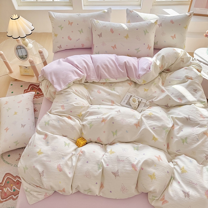 91家纺网 家纺一手货源 找家纺 悠米悠家 2026新款亲肤舒适木棉双层纱印花四件套 温软蝶梦