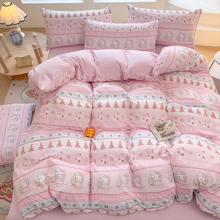 91家纺网 家纺一手货源 找家纺 悠米悠家 2026新款亲肤舒适木棉双层纱印花四件套 Kitty冬日甜梦