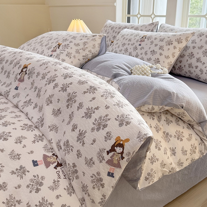 91家纺网 家纺一手货源 找家纺 悠米悠家 2026新款亲肤舒适木棉双层纱印花四件套 晨间花园