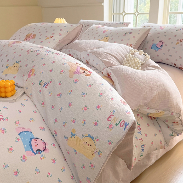 91家纺网 家纺一手货源 找家纺 悠米悠家 2026新款亲肤舒适木棉双层纱印花四件套 花漾萌宠