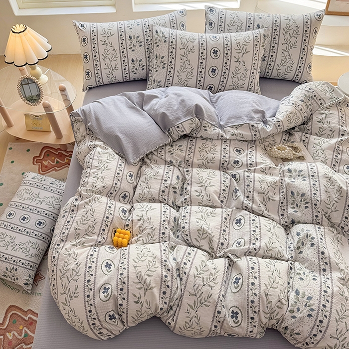 91家纺网 家纺一手货源 找家纺 悠米悠家 2026新款亲肤舒适木棉双层纱印花四件套 青屿花园