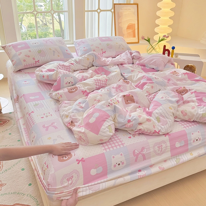 91家纺网 家纺一手货源 找家纺 悠米悠家 2026新款亲肤舒适木棉双层纱印花四件套 趣味乐园