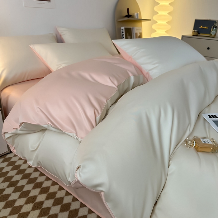 缦绣阁家纺  2026新款夏季轻奢水洗冰丝四件套真丝简约纯色被罩被套学生宿舍三件套-洛可可系列 洛可可-奶昔粉
