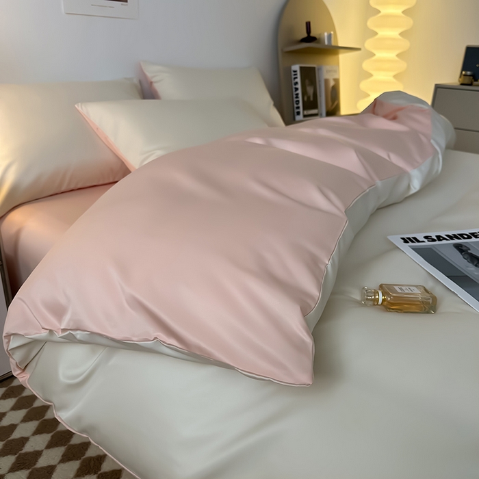 91家纺网 家纺一手货源 找家纺 缦绣阁家纺  2026新款夏季轻奢水洗冰丝四件套真丝简约纯色被罩被套学生宿舍三件套-洛可可系列 洛可可-奶昔粉