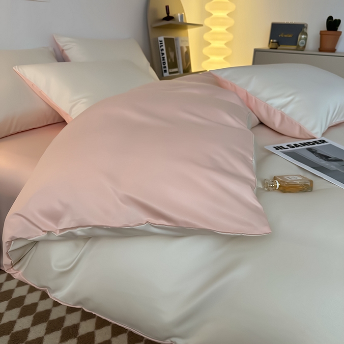 91家纺网 家纺一手货源 找家纺 缦绣阁家纺  2026新款夏季轻奢水洗冰丝四件套真丝简约纯色被罩被套学生宿舍三件套-洛可可系列 洛可可-奶昔粉