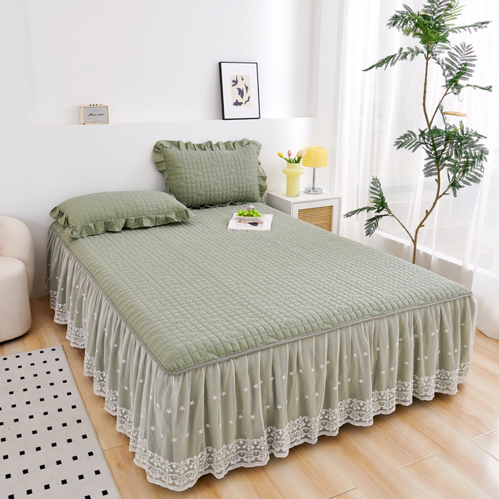 沁童儿童用品店 2026新款全棉纯棉夹棉花边床裙系列 墨绿色