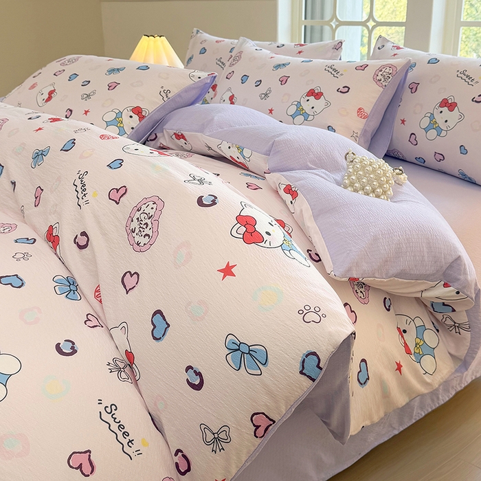 91家纺网 家纺一手货源 找家纺 悠米悠家 2026新款亲肤舒适木棉双层纱印花四件套 甜心Kitty日记