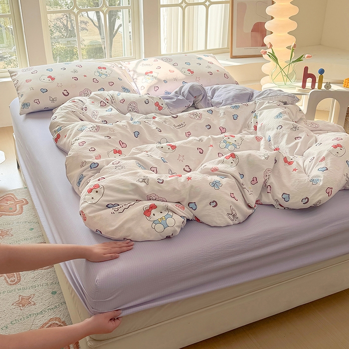 91家纺网 家纺一手货源 找家纺 悠米悠家 2026新款亲肤舒适木棉双层纱印花四件套 甜心Kitty日记