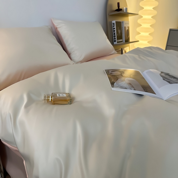 91家纺网 家纺一手货源 找家纺 缦绣阁家纺  2026新款夏季轻奢水洗冰丝四件套真丝简约纯色被罩被套学生宿舍三件套-洛可可系列 洛可可-奶昔粉