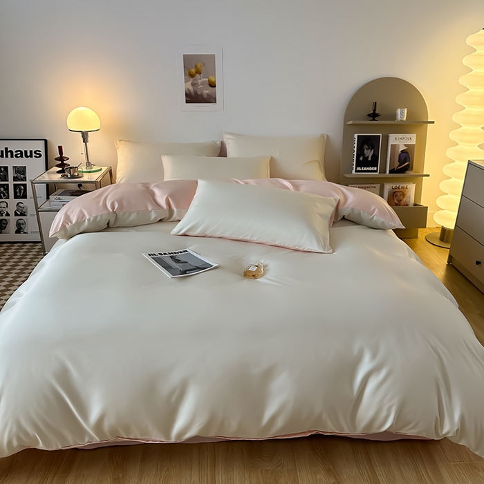 91家纺网 家纺一手货源 找家纺 缦绣阁家纺  2026新款夏季轻奢水洗冰丝四件套真丝简约纯色被罩被套学生宿舍三件套-洛可可系列 洛可可-奶昔粉