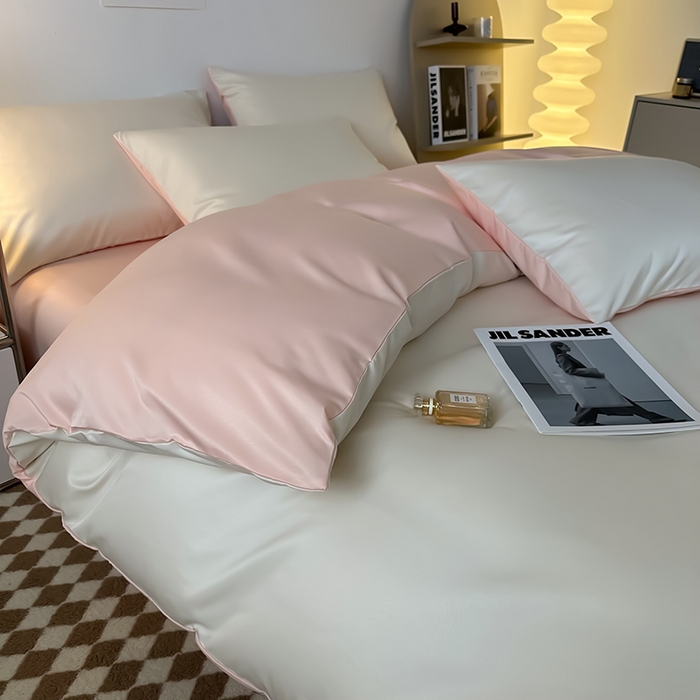 91家纺网 家纺一手货源 找家纺 缦绣阁家纺  2026新款夏季轻奢水洗冰丝四件套真丝简约纯色被罩被套学生宿舍三件套-洛可可系列 洛可可-奶昔粉