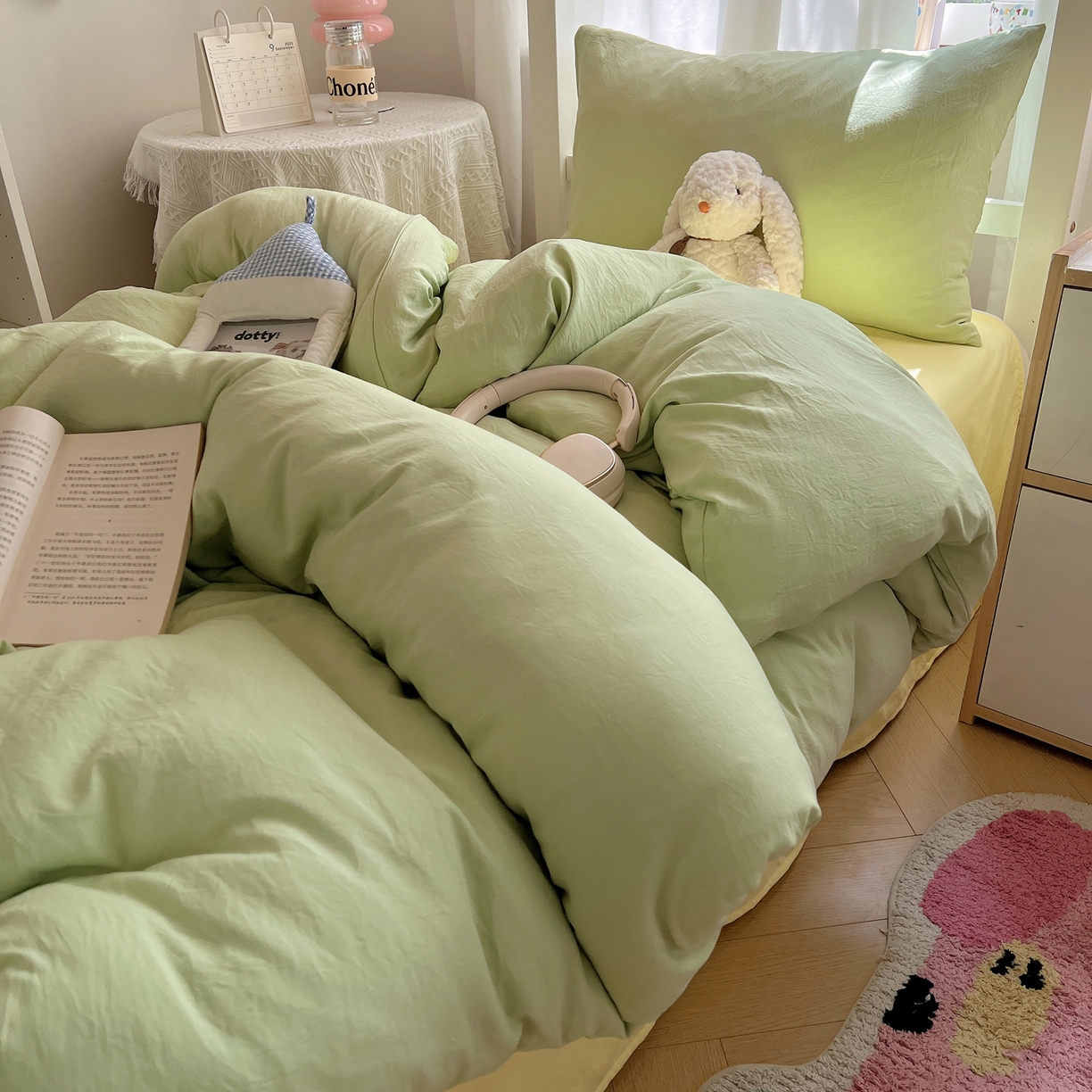 91家纺网 家纺一手货源 找家纺 缦绣阁家纺 2026新款亲肤水洗棉纯色四件套床单被罩被套单件学生宿舍上下铺单人三件套 果绿浅黄