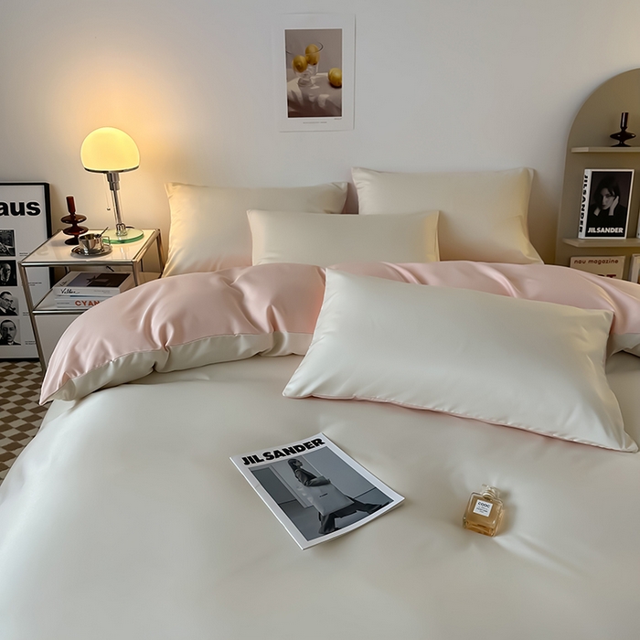 91家纺网 家纺一手货源 找家纺 缦绣阁家纺  2026新款夏季轻奢水洗冰丝四件套真丝简约纯色被罩被套学生宿舍三件套-洛可可系列 洛可可-奶昔粉