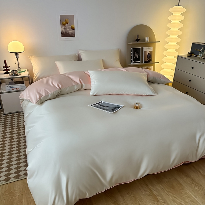 91家纺网 家纺一手货源 找家纺 缦绣阁家纺  2026新款夏季轻奢水洗冰丝四件套真丝简约纯色被罩被套学生宿舍三件套-洛可可系列 洛可可-奶昔粉