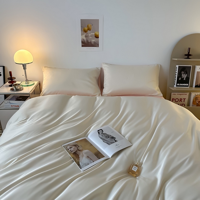 91家纺网 家纺一手货源 找家纺 缦绣阁家纺  2026新款夏季轻奢水洗冰丝四件套真丝简约纯色被罩被套学生宿舍三件套-洛可可系列 洛可可-奶昔粉