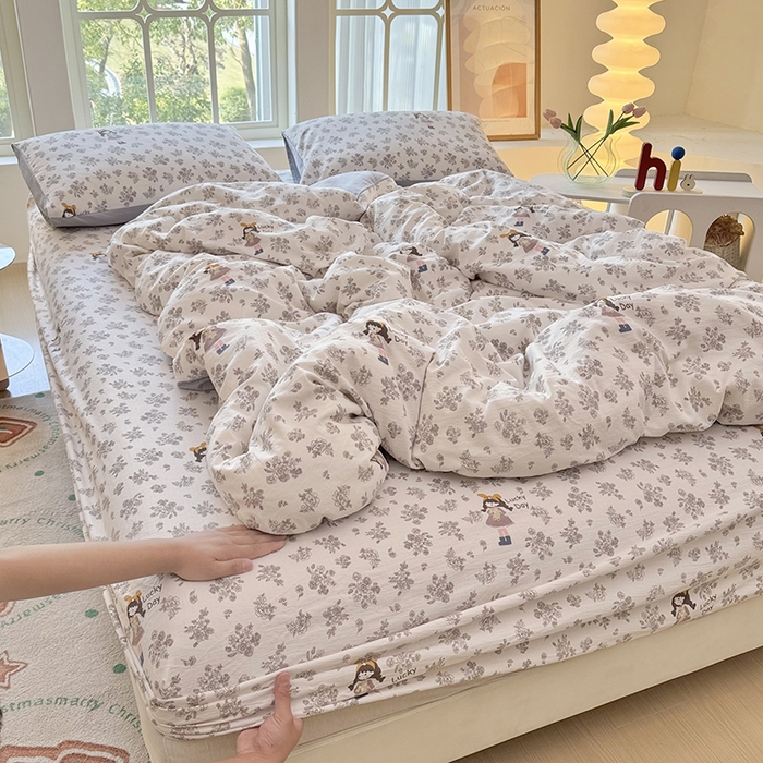 91家纺网 家纺一手货源 找家纺 悠米悠家 2026新款亲肤舒适木棉双层纱印花四件套 晨间花园