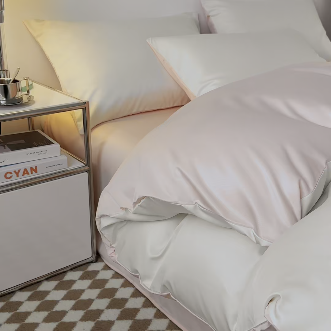 91家纺网 家纺一手货源 找家纺 缦绣阁家纺  2026新款夏季轻奢水洗冰丝四件套真丝简约纯色被罩被套学生宿舍三件套-洛可可系列 洛可可-奶昔粉