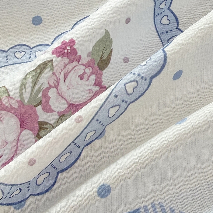 91家纺网 家纺一手货源 找家纺 悠米悠家 2026新款亲肤舒适木棉双层纱印花四件套 海盐甜玫梦