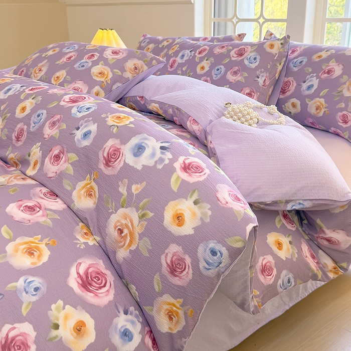 91家纺网 家纺一手货源 找家纺 悠米悠家 2026新款亲肤舒适木棉双层纱印花四件套 花漾玫瑰