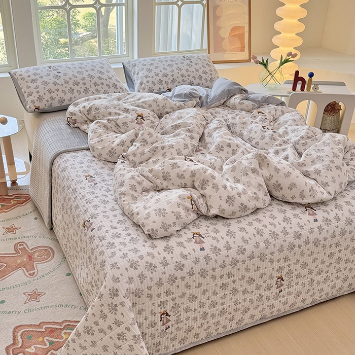 91家纺网 家纺一手货源 找家纺 悠米悠家 2026新款亲肤舒适木棉双层纱印花四件套 晨间花园