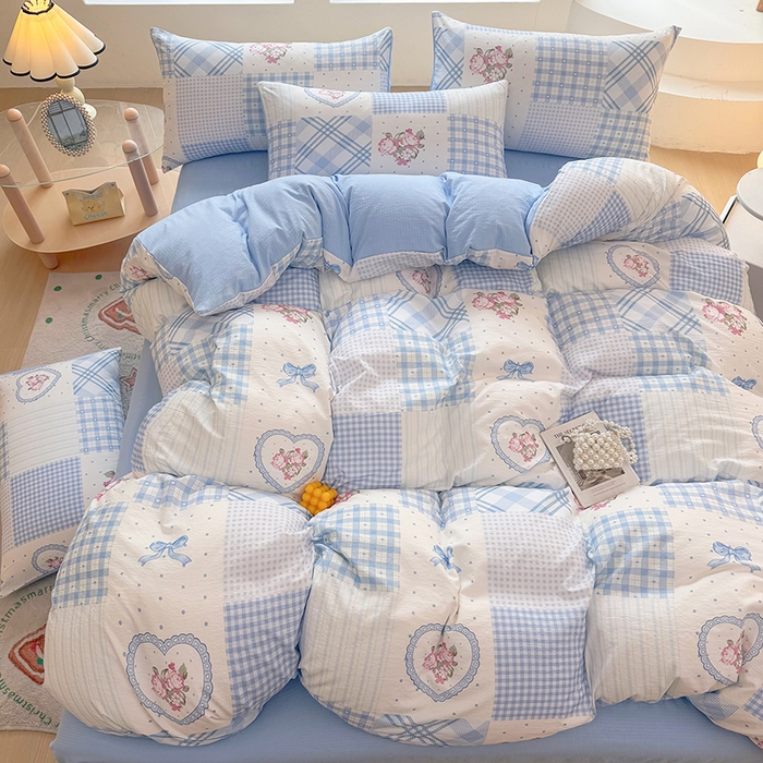 91家纺网 家纺一手货源 找家纺 悠米悠家 2026新款亲肤舒适木棉双层纱印花四件套 海盐甜玫梦