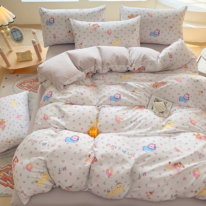 91家纺网 家纺一手货源 找家纺 悠米悠家 2026新款亲肤舒适木棉双层纱印花四件套 花漾萌宠