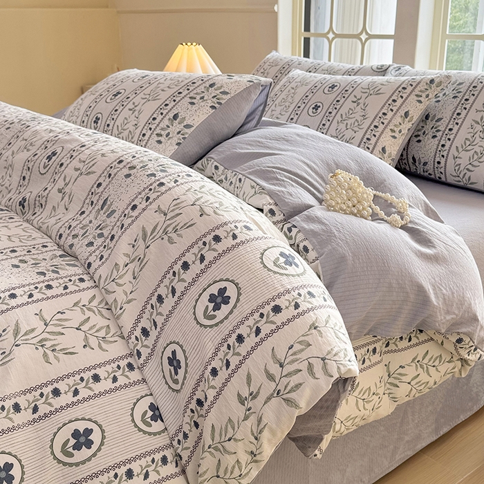 91家纺网 家纺一手货源 找家纺 悠米悠家 2026新款亲肤舒适木棉双层纱印花四件套 青屿花园