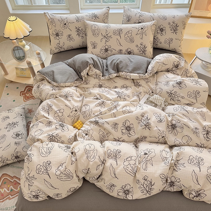 91家纺网 家纺一手货源 找家纺 悠米悠家 2026新款亲肤舒适木棉双层纱印花四件套 墨色花卉