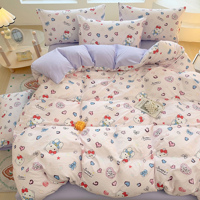 91家纺网 家纺一手货源 找家纺 悠米悠家 2026新款亲肤舒适木棉双层纱印花四件套 甜心Kitty日记