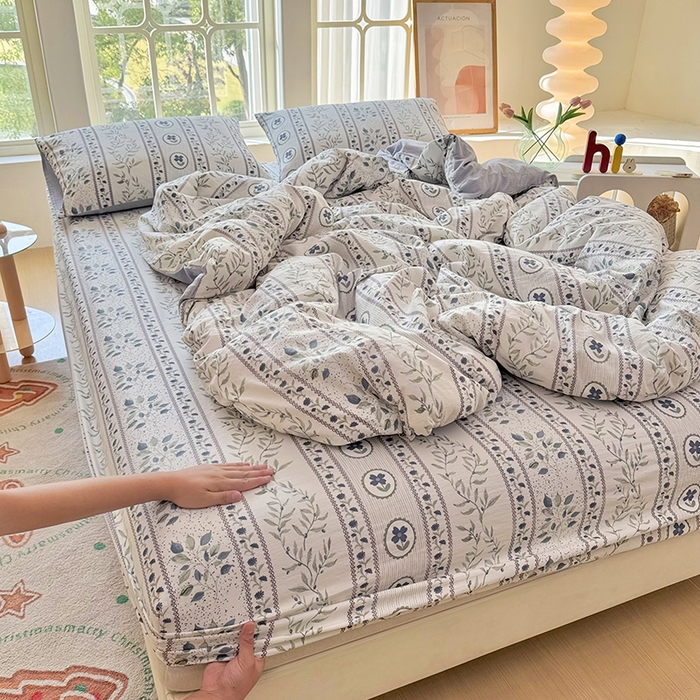 91家纺网 家纺一手货源 找家纺 悠米悠家 2026新款亲肤舒适木棉双层纱印花四件套 青屿花园