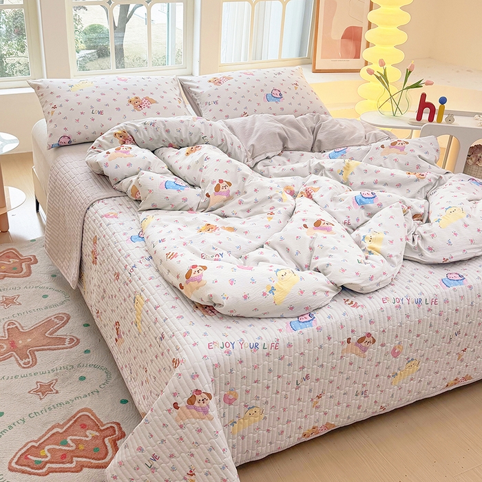 91家纺网 家纺一手货源 找家纺 悠米悠家 2026新款亲肤舒适木棉双层纱印花四件套 花漾萌宠