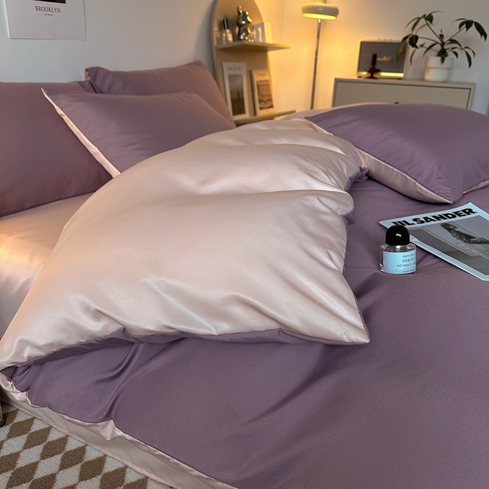 91家纺网 家纺一手货源 找家纺 缦绣阁家纺  2026新款夏季轻奢水洗冰丝四件套真丝简约纯色被罩被套学生宿舍三件套-洛可可系列 洛可可-浅紫+粉