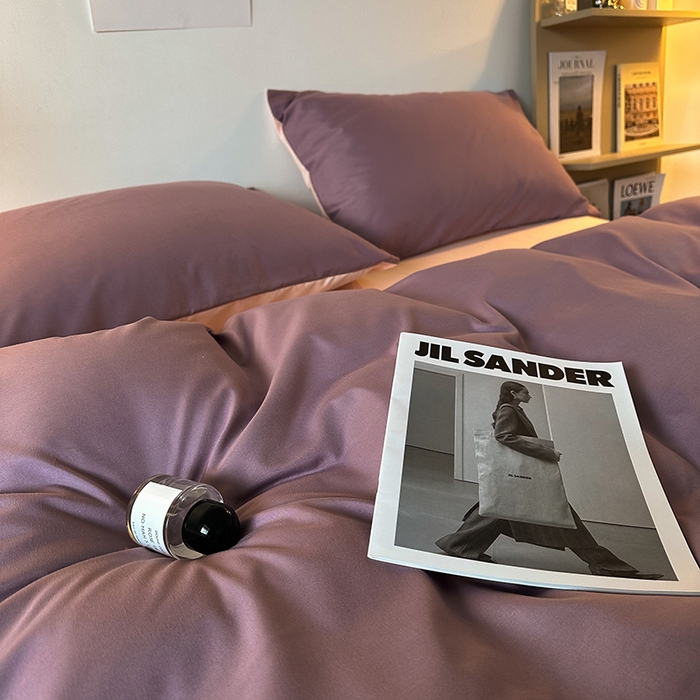 91家纺网 家纺一手货源 找家纺 缦绣阁家纺  2026新款夏季轻奢水洗冰丝四件套真丝简约纯色被罩被套学生宿舍三件套-洛可可系列 洛可可-浅紫+粉