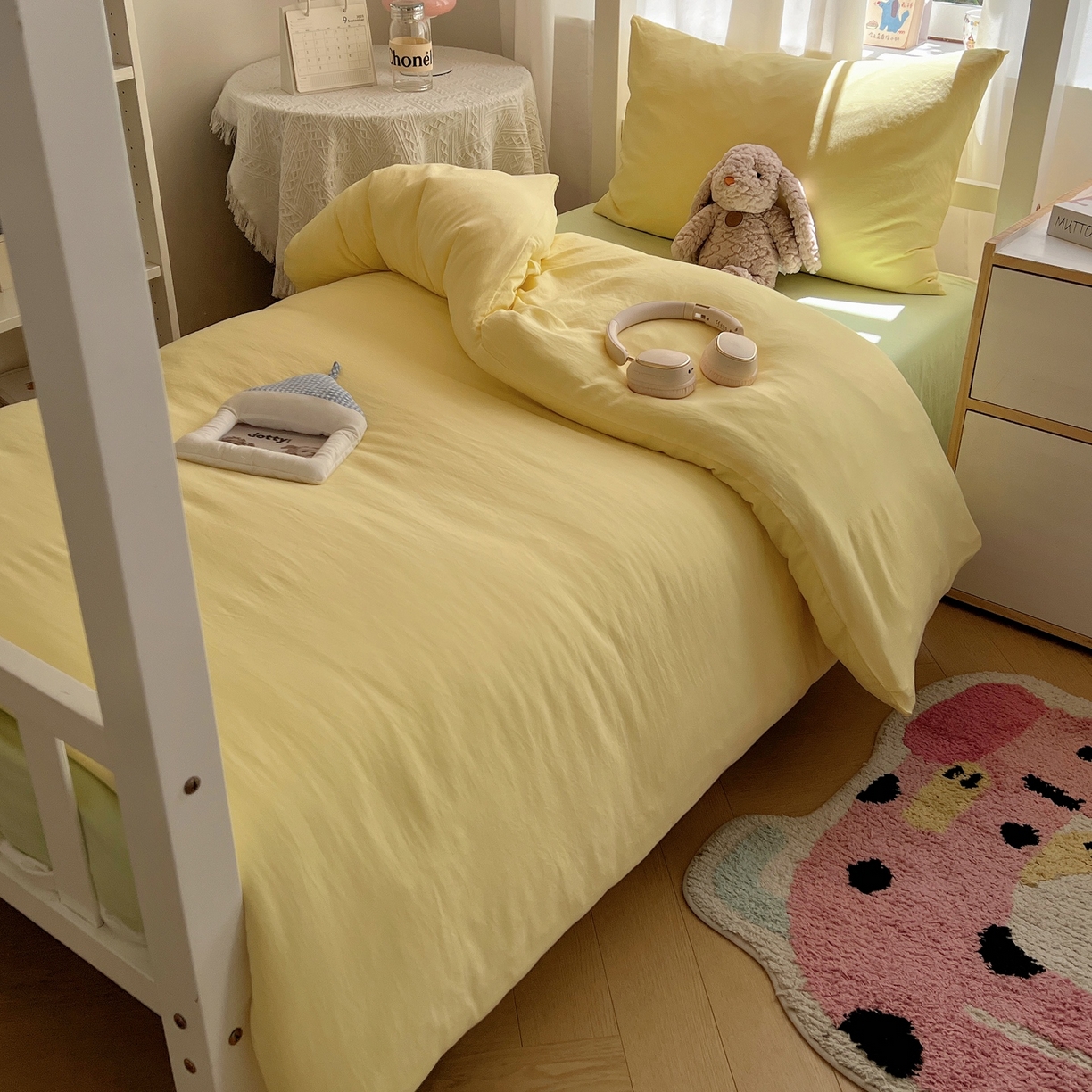 91家纺网 家纺一手货源 找家纺 缦绣阁家纺 2026新款亲肤水洗棉纯色四件套床单被罩被套单件学生宿舍上下铺单人三件套 奶黄果绿