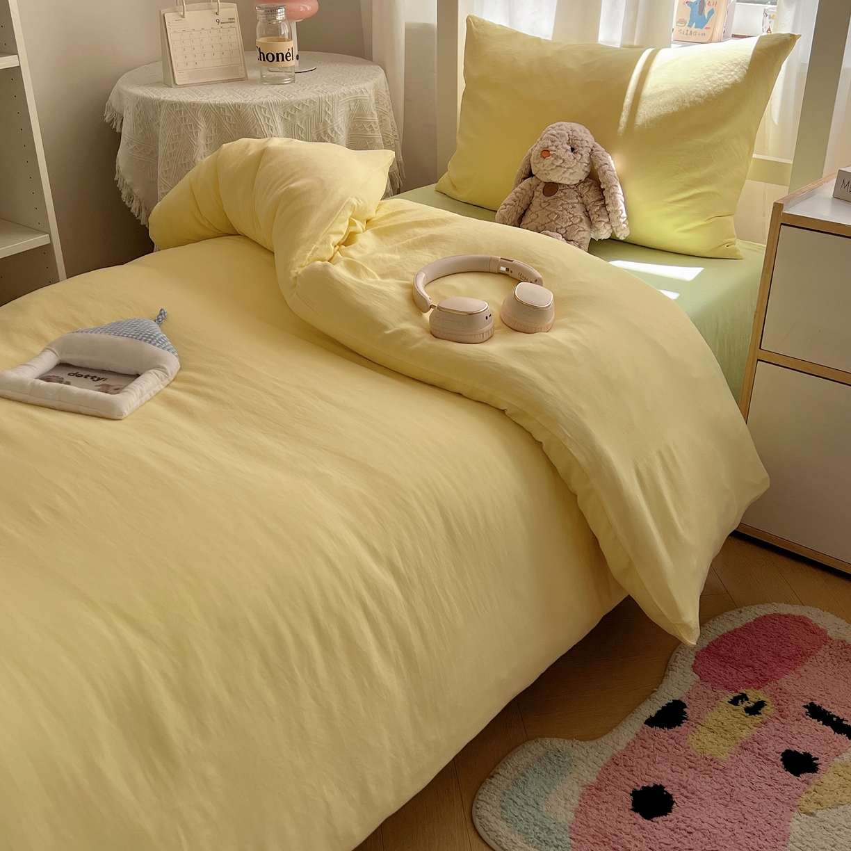 91家纺网 家纺一手货源 找家纺 缦绣阁家纺 2026新款亲肤水洗棉纯色四件套床单被罩被套单件学生宿舍上下铺单人三件套 奶黄果绿