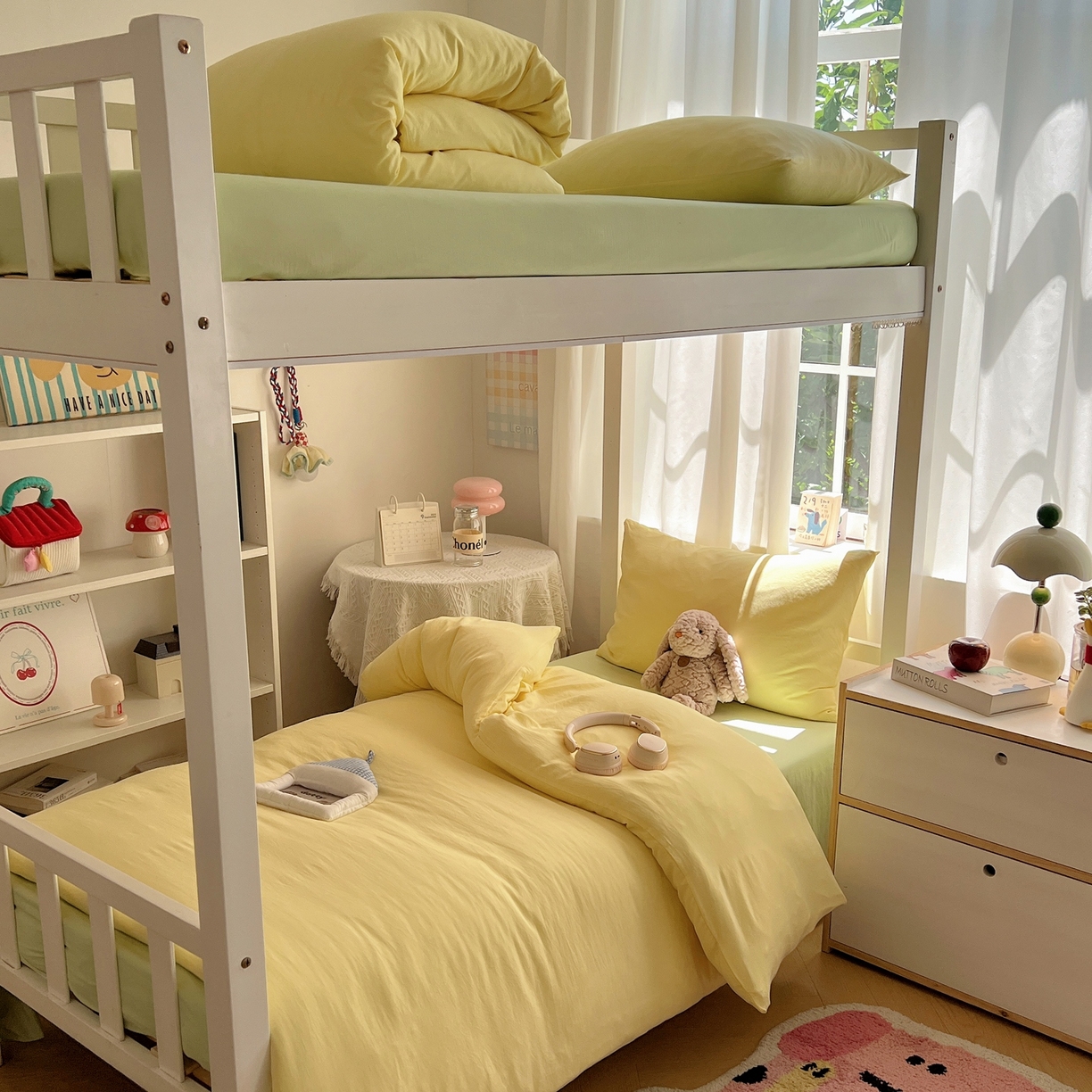 91家纺网 家纺一手货源 找家纺 缦绣阁家纺 2026新款亲肤水洗棉纯色四件套床单被罩被套单件学生宿舍上下铺单人三件套 奶黄果绿