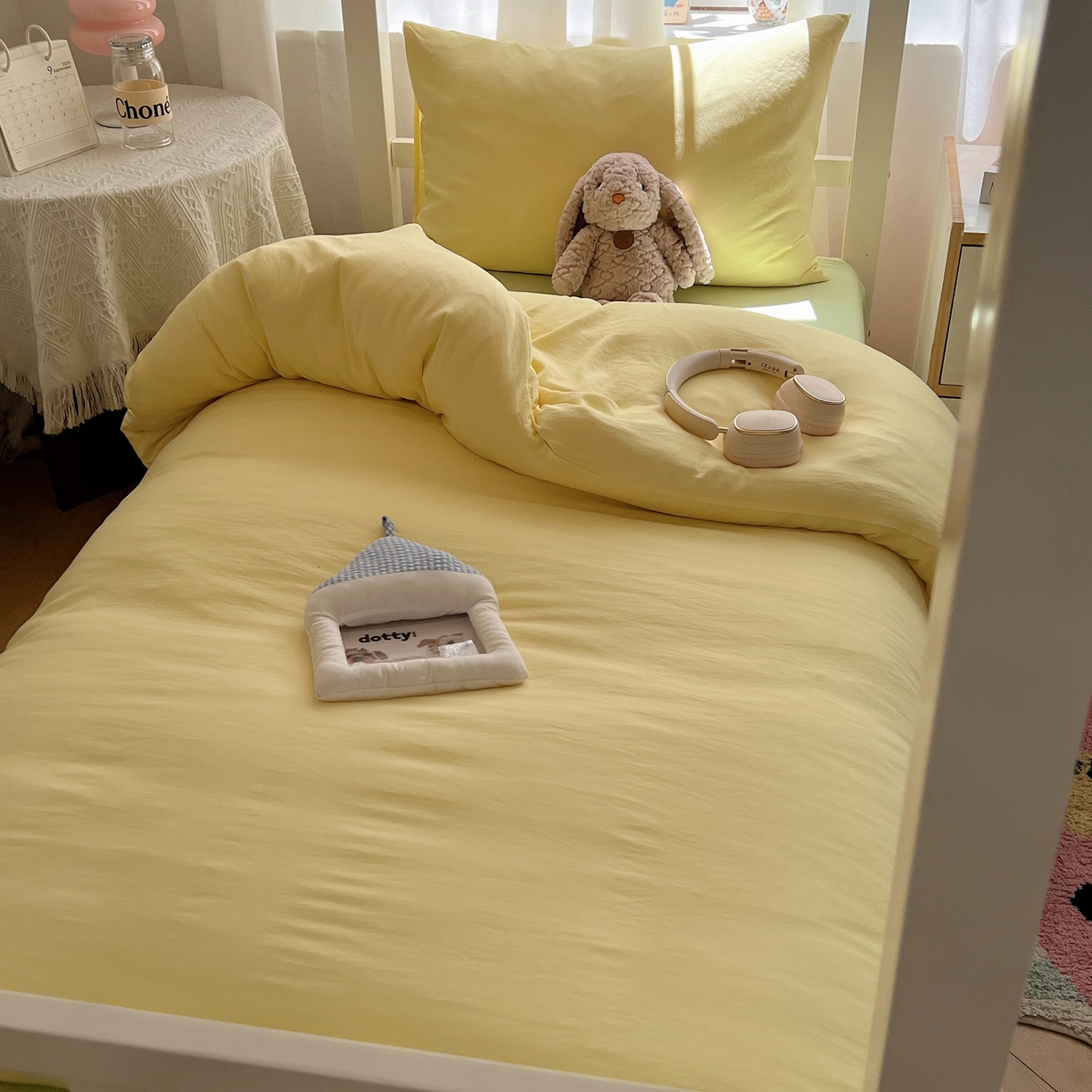 91家纺网 家纺一手货源 找家纺 缦绣阁家纺 2026新款亲肤水洗棉纯色四件套床单被罩被套单件学生宿舍上下铺单人三件套 奶黄果绿