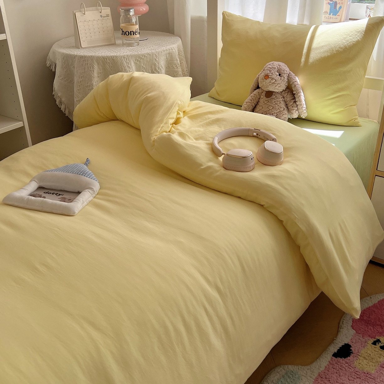 91家纺网 家纺一手货源 找家纺 缦绣阁家纺 2026新款亲肤水洗棉纯色四件套床单被罩被套单件学生宿舍上下铺单人三件套 奶黄果绿