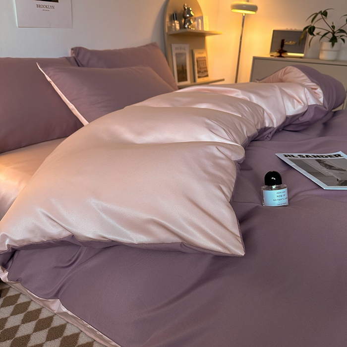 91家纺网 家纺一手货源 找家纺 缦绣阁家纺  2026新款夏季轻奢水洗冰丝四件套真丝简约纯色被罩被套学生宿舍三件套-洛可可系列 洛可可-浅紫+粉