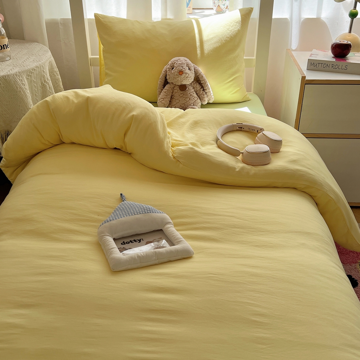 91家纺网 家纺一手货源 找家纺 缦绣阁家纺 2026新款亲肤水洗棉纯色四件套床单被罩被套单件学生宿舍上下铺单人三件套 奶黄果绿