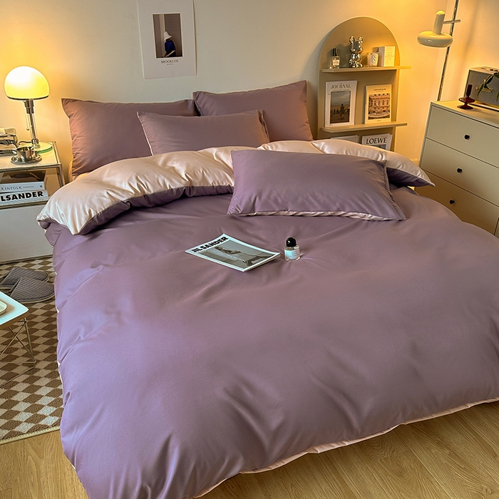 91家纺网 家纺一手货源 找家纺 缦绣阁家纺  2026新款夏季轻奢水洗冰丝四件套真丝简约纯色被罩被套学生宿舍三件套-洛可可系列 洛可可-浅紫+粉