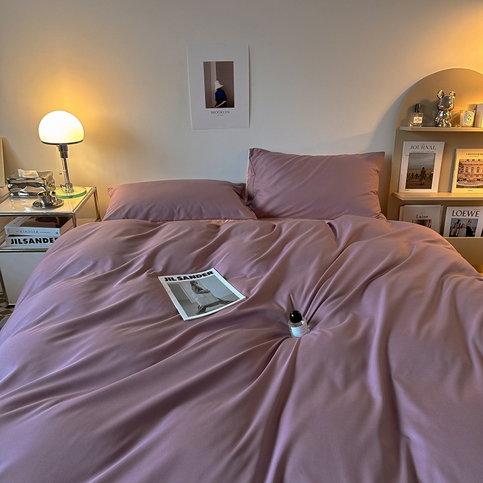 91家纺网 家纺一手货源 找家纺 缦绣阁家纺  2026新款夏季轻奢水洗冰丝四件套真丝简约纯色被罩被套学生宿舍三件套-洛可可系列 洛可可-浅紫+粉