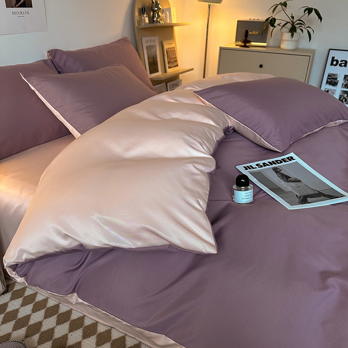 91家纺网 家纺一手货源 找家纺 缦绣阁家纺  2026新款夏季轻奢水洗冰丝四件套真丝简约纯色被罩被套学生宿舍三件套-洛可可系列 洛可可-浅紫+粉