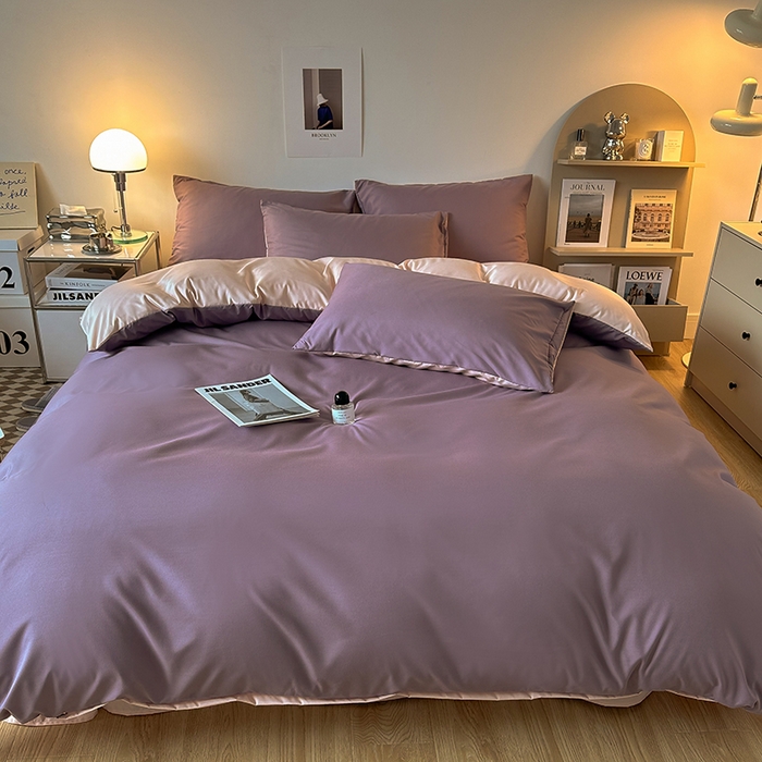 91家纺网 家纺一手货源 找家纺 缦绣阁家纺  2026新款夏季轻奢水洗冰丝四件套真丝简约纯色被罩被套学生宿舍三件套-洛可可系列 洛可可-浅紫+粉