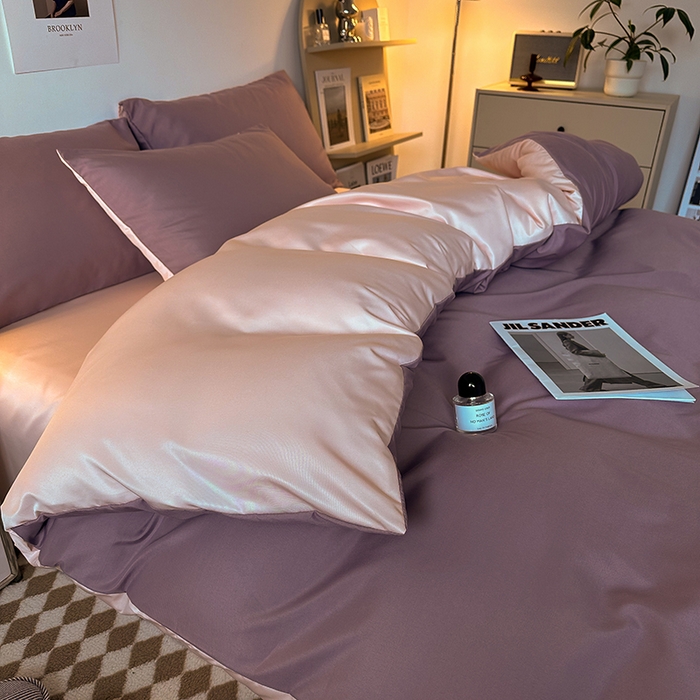 91家纺网 家纺一手货源 找家纺 缦绣阁家纺  2026新款夏季轻奢水洗冰丝四件套真丝简约纯色被罩被套学生宿舍三件套-洛可可系列 洛可可-浅紫+粉