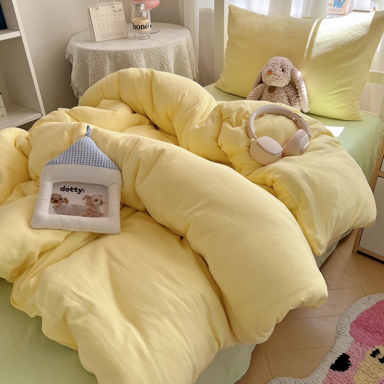 91家纺网 家纺一手货源 找家纺 缦绣阁家纺 2026新款亲肤水洗棉纯色四件套床单被罩被套单件学生宿舍上下铺单人三件套 奶黄果绿