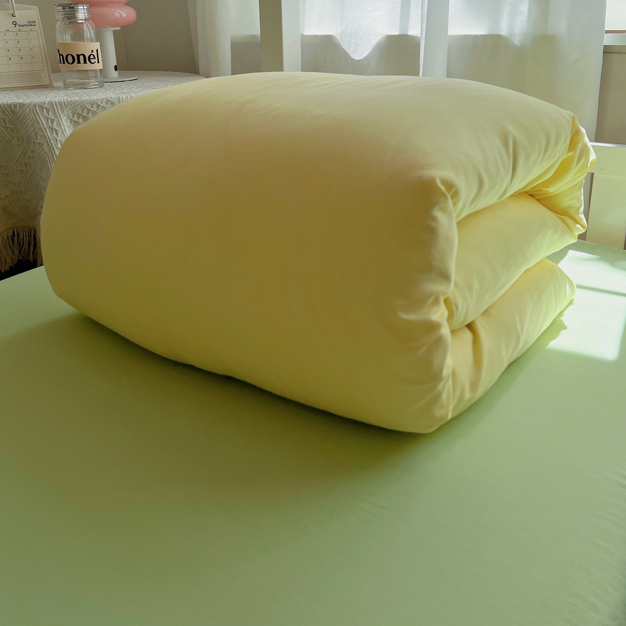 91家纺网 家纺一手货源 找家纺 缦绣阁家纺 2026新款亲肤水洗棉纯色四件套床单被罩被套单件学生宿舍上下铺单人三件套 奶黄果绿