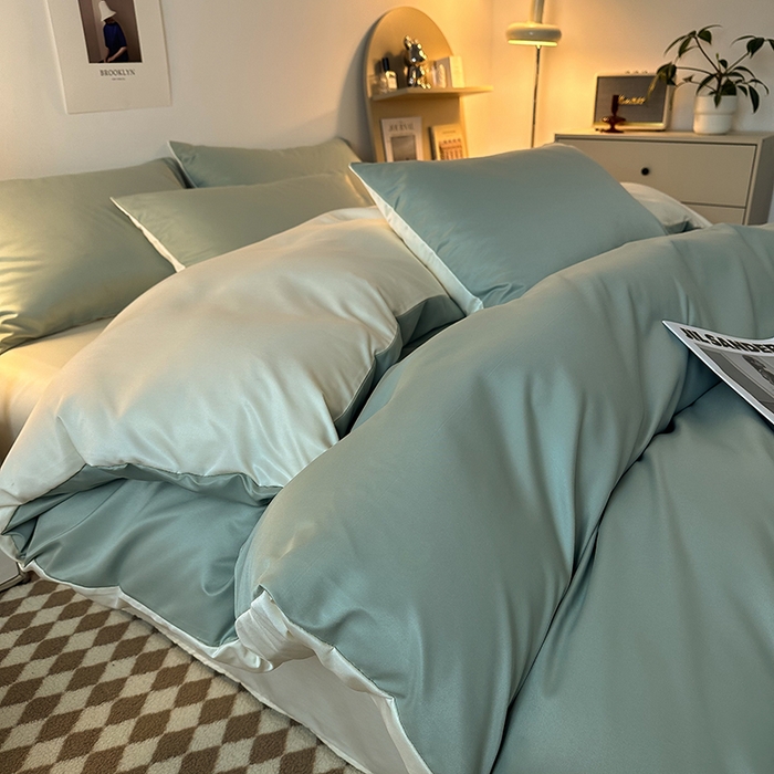 缦绣阁家纺  2026新款夏季轻奢水洗冰丝四件套真丝简约纯色被罩被套学生宿舍三件套-洛可可系列 洛可可-水绿+芝士